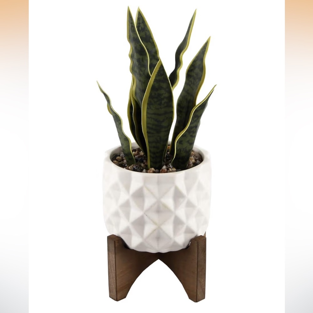 Flora Bunda 12" Artificial Snake Plant Ceramic Pot Wooden Home Office Decor
